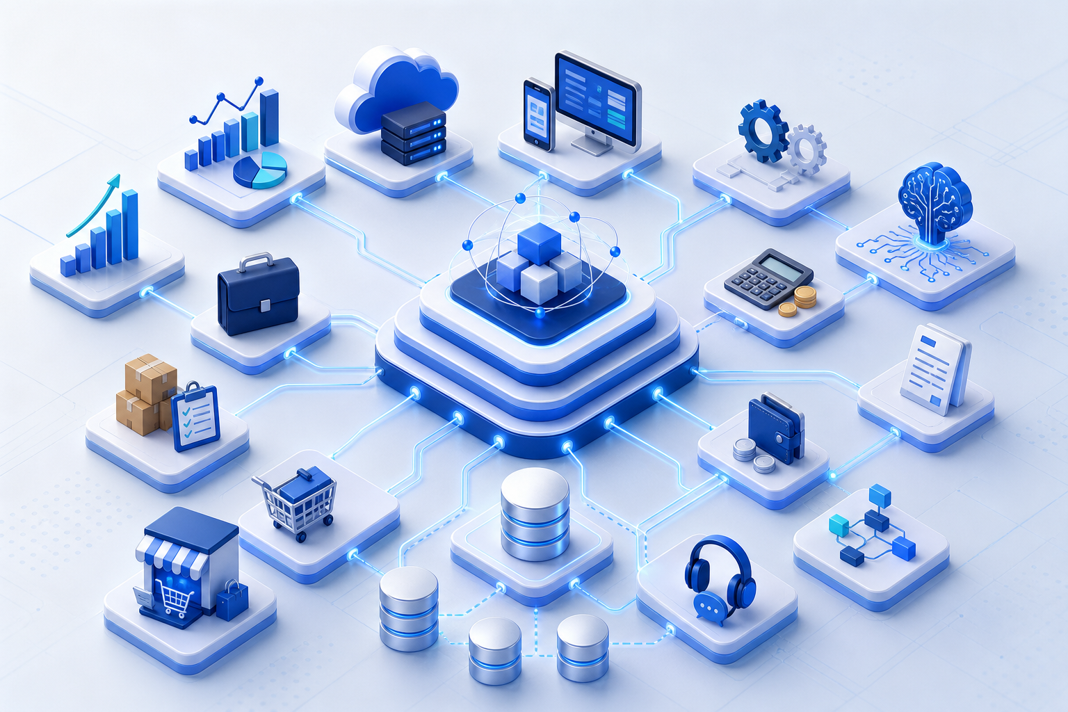 Integrated ERP, cloud, finance, mobile, web, analytics and automation services ecosystem